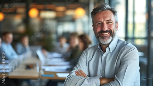 Smiling CEO at Networking Event in Blurred Social, Smiling CEO, networking event, blurred social.