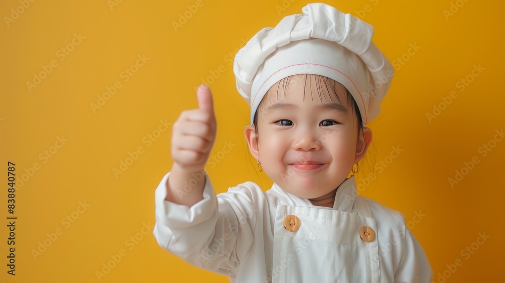 Adorable little chef giving a thumbs up in a white uniform and chef's hat against a vibrant yellow background. Adorable little chef giving a thumbs up in a white uniform and chef's hat against a vibrant yellow background.