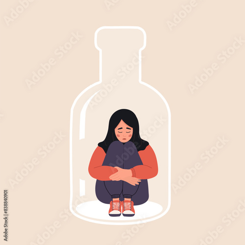 Alcoholism concept. Depressed arabian Woman sitting on bottom of bottle and hugging her knees. Girl with Pernicious Habits Addiction and Substance Abuse. Vector illustration in flat cartoon style.