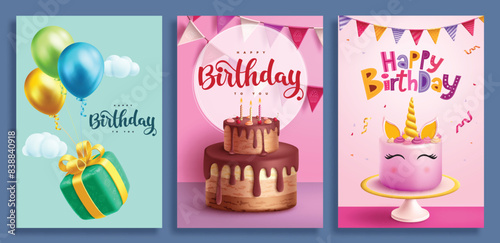 Birthday greeting card vector poster set design. Happy birthday greeting text with gift box floating balloons, chocolate and unicorn strawberry cake for invitation card collection. Vector illustration