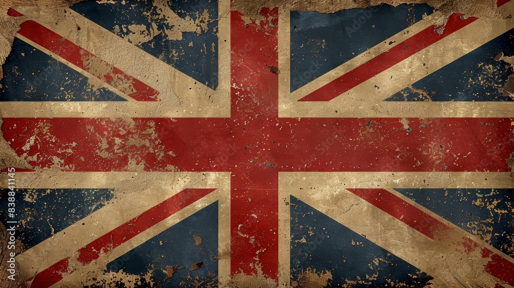 Fototapeta premium Vintage British flag with a worn, aged texture. Ideal for historical, patriotic, and vintage-themed designs or backgrounds.