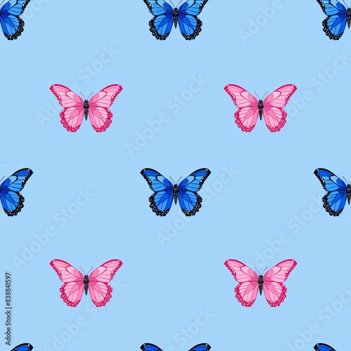 seamless Pink and Blue Butterfly Pattern on Light Blue Background