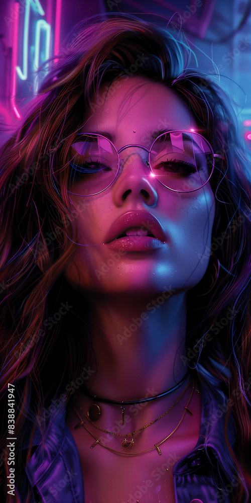 Obraz premium A woman with long hair and glasses is wearing a necklace and a bracelet. She is standing in a neon-lit room