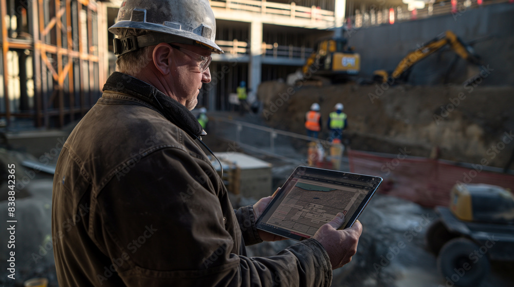 Worker with helmet using tablet at construction site Worker with helmet using tablet at construction site
