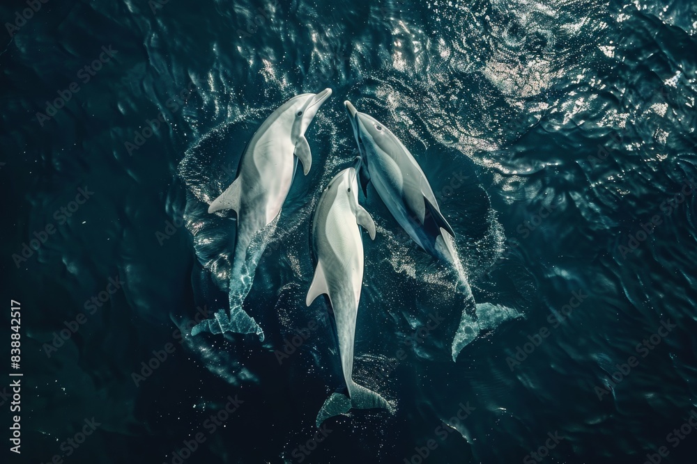 Fototapeta premium Topview drone shot, a scene of playful dolphins soaring above breaking waves, embodying the essence of sea life and the splendor of marine animals in their natural environment.