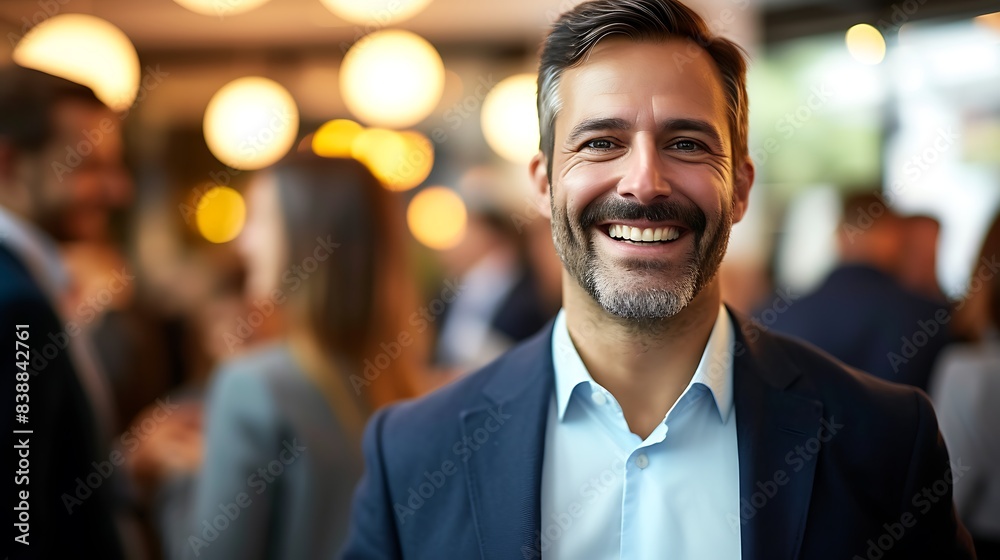 Smiling CEO at Networking Event in Blurred Social, Smiling CEO, networking event, blurred social. Smiling CEO at Networking Event in Blurred Social, Smiling CEO, networking event, blurred social.
