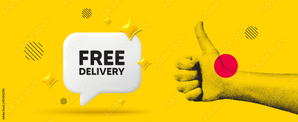 Hand showing thumb up like sign. Free delivery tag. Shipping and cargo service message. Business order icon. Free delivery chat box 3d message. Grain dots hand. Like thumb up sign. Vector Hand showing thumb up like sign. Free delivery tag. Shipping and cargo service message. Business order icon. Free delivery chat box 3d message. Grain dots hand. Like thumb up sign. Vector