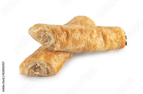 Puff pastry with potato and cabbage isolated on white background.