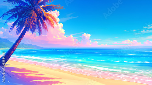 Tropical beach landscape with a single coconut palm tree