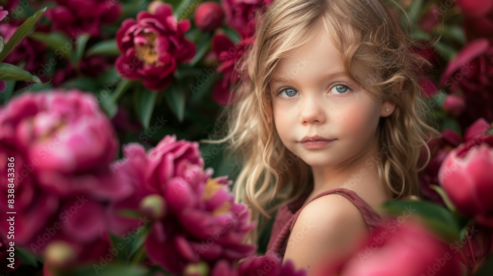 A little girl standing in a field of pink flowers A little girl standing in a field of pink flowers