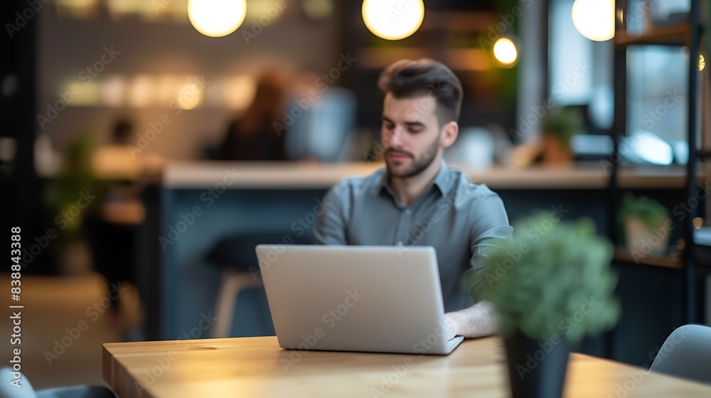 Successful Executive with Laptop in Blurred Corporate Environment, Successful executive, laptop, blurred corporate environment Successful Executive with Laptop in Blurred Corporate Environment, Successful executive, laptop, blurred corporate environment