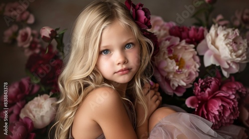 A little girl sitting in front of a bunch of flowers