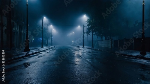 Blue dark background of empty foggy street with wet