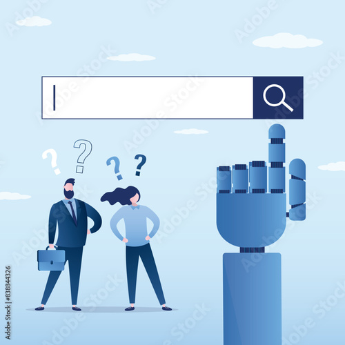 Business people have problem finding information, big robot hand points to search bar. Artificial intelligence help in data search. Technology of automatic analysis