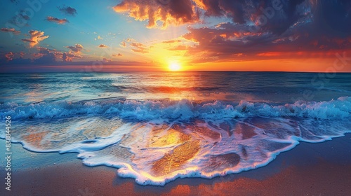 A serene beach at sunset with vibrant colors in the sky and calm waves, perfect for a summer evening © Seksan