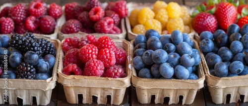 A selection of fresh, locally grown berries in wooden punnets, ready for sale at a market photo