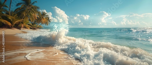 A refreshing ocean breeze blowing through palm trees on a tropical beach photo