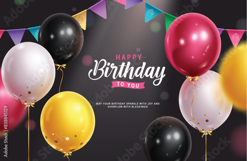 Happy birthday greeting vector template design. Birthday greeting text with inflatable balloons and pennants decoration elements for party invitation card background. Vector illustration birthday card