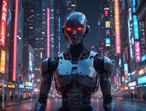 Futuristic Robot in the City at Night: A Neon-Lit Street Scene with Advanced Artificial Intelligence