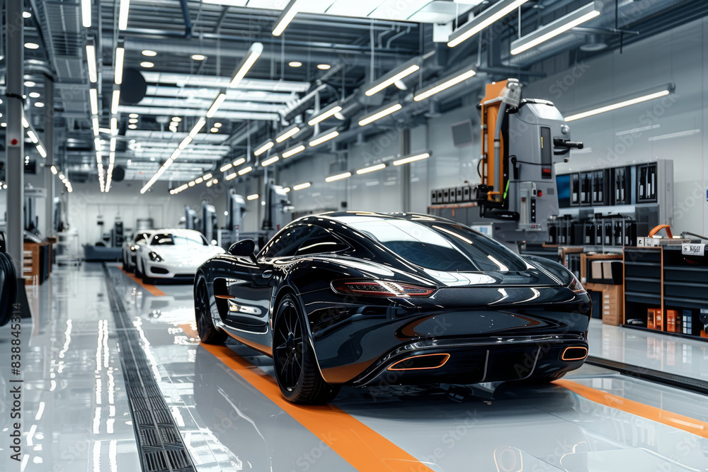 A sleek automotive workshop with cars being equipped with fiberglass components, emphasizing lightweight and strong design.. AI generated.