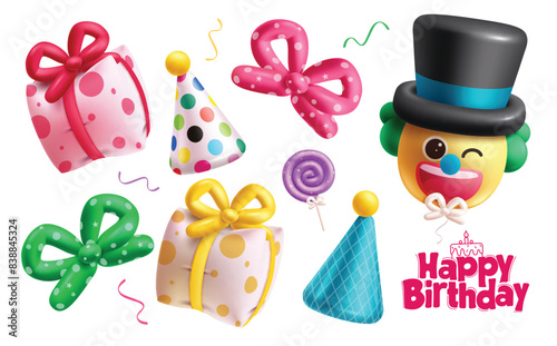 Birthday elements vector set design. Happy birthday greeting text with gift, party hat,  clown and ribbon inflatable balloons collection for party celebration decoration. Vector illustration birthday 