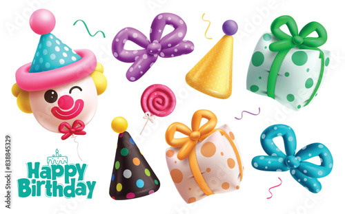 Birthday balloons elements vector set design. Happy birthday greeting text with balloons shape clown balloon, party hat, ribbon, gift and ribbon inflatable elements collection. Vector illustration 