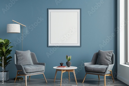 Blue living room wall background, with gray decorative chairs, lamp frame center table and poster style. HD, realistic, copy space, Generative ai