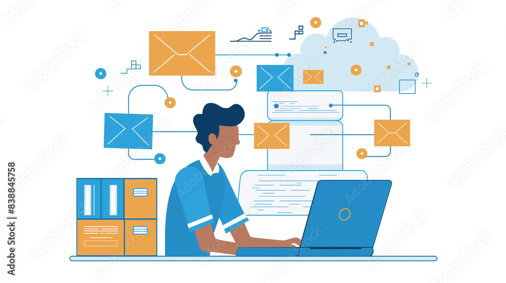 Person at desk with laptop and numerous mail icons Person at desk with laptop and numerous mail icons
