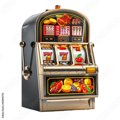 Vintage slot machine with fruit symbols and traditional design, representing classic casino and gambling experiences.  isolated on a transparent background.
