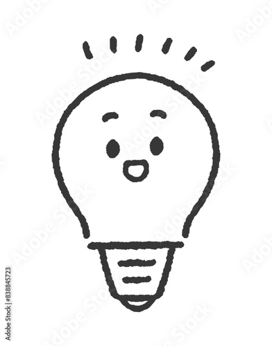 ピカッと光っている笑顔の電球 - ひらめく･ 電気･エネルギーのイメージ - かわいい手描きのキャラクター