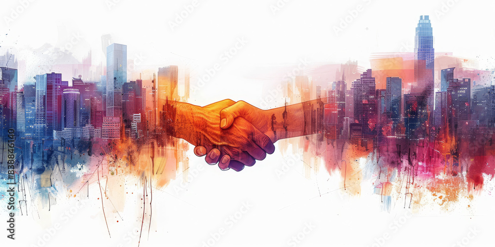 Obraz premium Abstract Handshake with Vibrant Cityscape