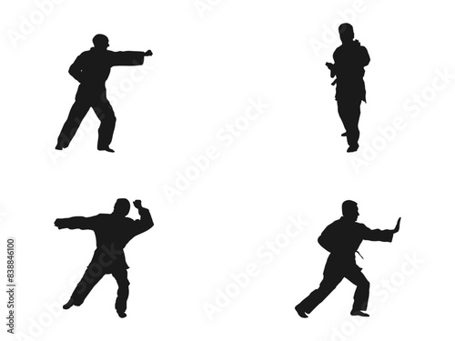 senior man practicing karate silhouettes. Old man Karate master in fighting stance.Healthy lifestyle. karate silhouettes. This is a martial arts silhouette design. isolated in white background.