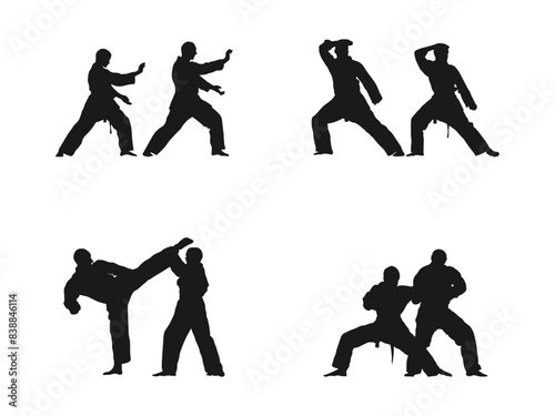 Two Karate Men Sensei And Teenager Student Fighters Fighting silhouettes vector. Teenage boy and girl vector characters doing karate, combating enjoying defense sport activity. on white background.