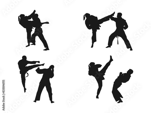 young man and woman practicing karate silhouettes. two karateka are fighting in silhouette. This is a martial arts silhouette design. Big set of vector illustration. isolated in white background.