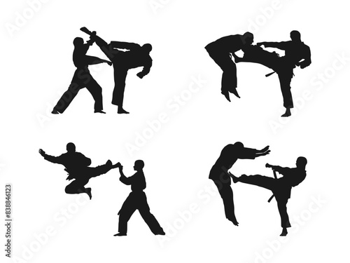 Two Karate Men Sensei And Teenager Student Fighters Fighting silhouettes vector. Teenage boy and girl vector characters doing karate, combating enjoying defense sport activity. on white background.