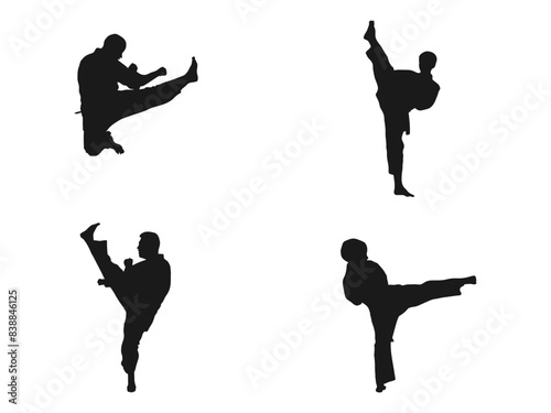 taekwondo back kick silhouettes. Asian martial arts, isolated vector black silhouettes. young karate boys silhouettes. This is a martial arts silhouette design. isolated in white background.