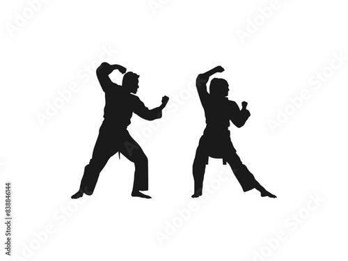 young man and woman practicing karate silhouettes. two karateka are fighting in silhouette. This is a martial arts silhouette design. Big set of vector illustration. isolated in white background.