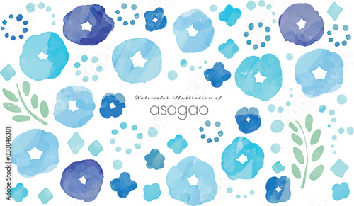 水彩画。水彩タッチの朝顔イラスト。朝顔のベクターイラスト。日本の和風朝顔和柄背景フレームフレーム。Watercolor painting. Illustration of morning glory with watercolor touch. Vector illustration of morning glory. Japanese style morning glory Japanese p