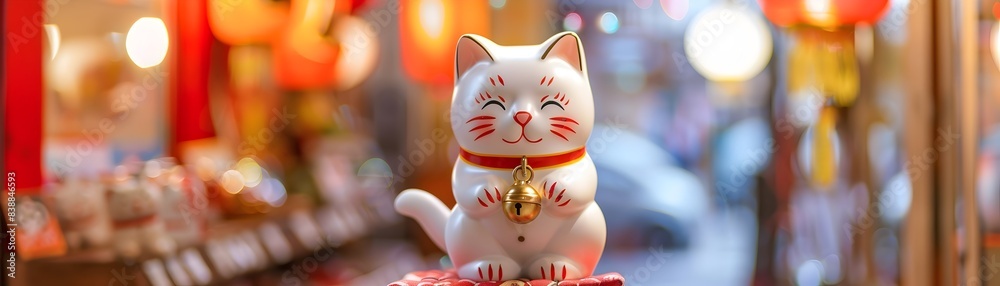 Obraz premium Traditional Maneki Neko Figurine on Cushion in Vibrant Asian Marketplace