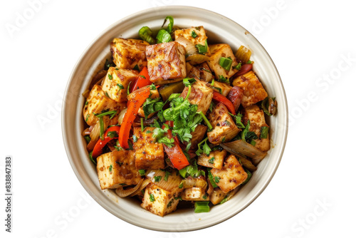 Tofu Stir Fry With Red Bell Peppers, Onions, and Green Onions
