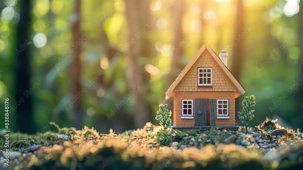 A tiny house model with a woodsy feel, set against a forest background with free copy space for text A tiny house model with a woodsy feel, set against a forest background with free copy space for text