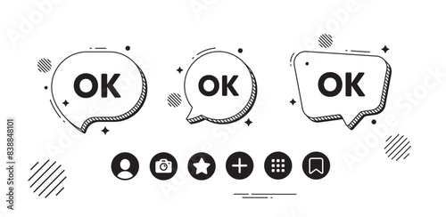 OK text tag. Speech bubble offer icons. Approved okay message. Done or Good deal symbol. OK chat text box. Social media icons. Speech bubble text balloon. Vector