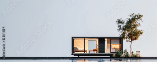 A modern tiny house model with sleek lines and a flat roof, placed on a minimalistic background with free copy space for text photo