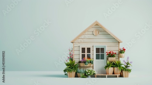 A cozy tiny house model with flower boxes, isolated on a light background with free copy space for text