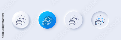 Car review line icon. Neumorphic, Blue gradient, 3d pin buttons. Best transport service sign. Delivery rating symbol. Line icons. Neumorphic buttons with outline signs. Vector