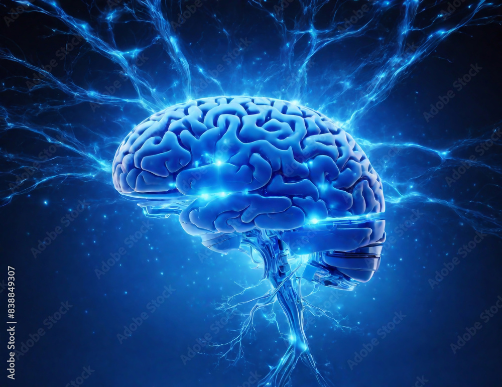 ai brain with electrical impulses coming from it the brain should be by itself and floating in mid air with a single stem coming from below at the end of the stem a bright blue impulse ai brain with electrical impulses coming from it the brain should be by itself and floating in mid air with a single stem coming from below at the end of the stem a bright blue impulse