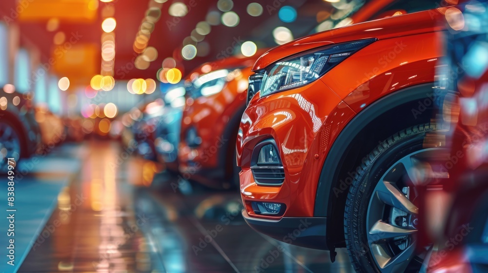 Abstract background of blurred new cars dealership place