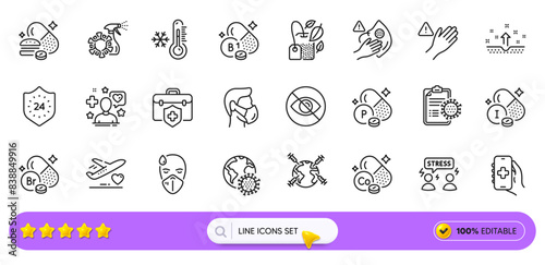 Difficult stress, Dirty mask and Clean skin line icons for web app. Pack of Medical flight, Low thermometer, World vaccination pictogram icons. Health app, Not looking, Medical insurance signs. Vector