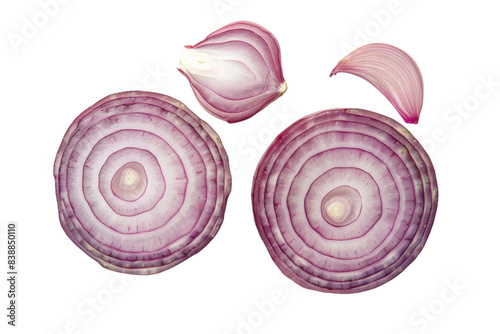 Two Sliced Red Onions and a Piece of Red Onion Skin Isolated on White Background
