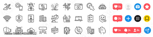 5g wifi, Face id and Inflation line icons pack. Social media icons. Security agency, Meeting, Rate button web icon. Support consultant, Fireworks, Call center pictogram. Vector